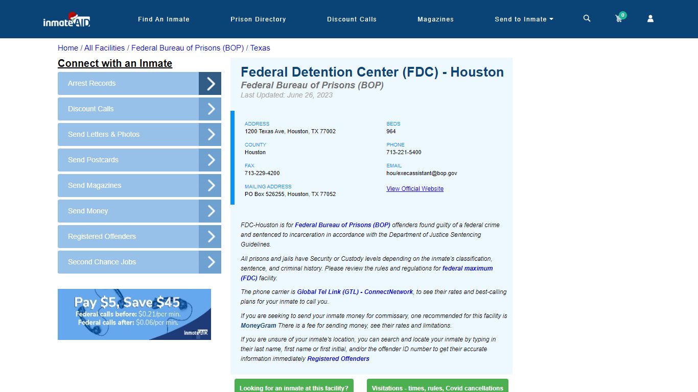 Federal Detention Center (FDC) - Houston - Federal Inmate Locator - TX
